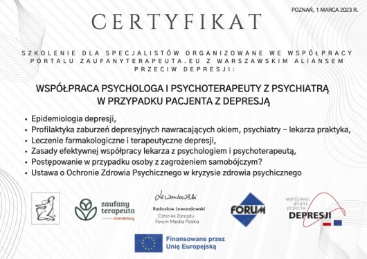 Certyfikat udziału w konferencji naukowej dotyczącej leczenia depresji