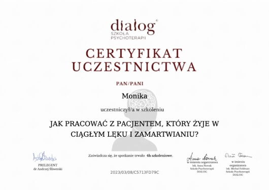 Dyplom ukończenia szkolenia z diagnozy i terapii zaburzeń lękowych