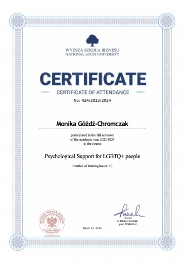 Certyfikat potwierdzający kompetencje do pracy psychologicznej z osobami LGBT+