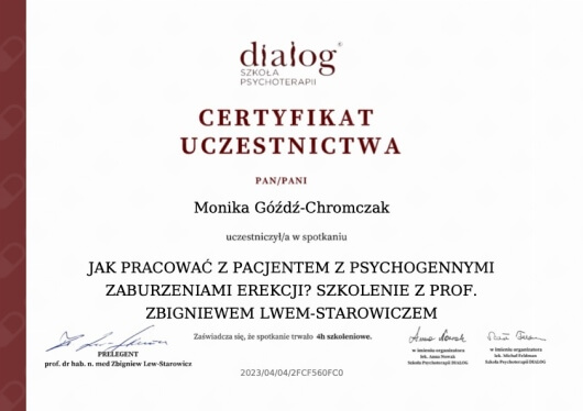 Zaświadczenie o ukończeniu specjalistycznego kursu seksuologicznego Centrum Medycznego Kształcenia Podyplomowego