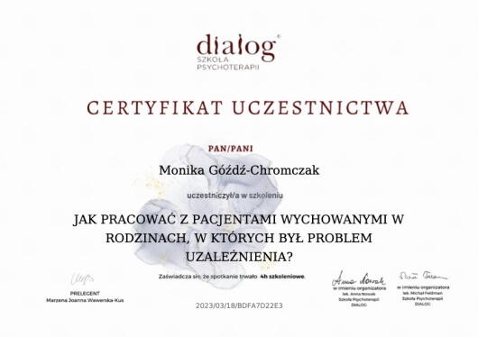 Certyfikat uczestnictwa w szkoleniu z zakresu terapii uzależnień